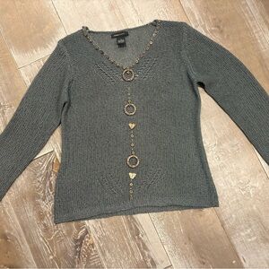 BCBGMaxAzria Olive Gray V-Neck Sweater with Gold  Bead and Wooden Accents